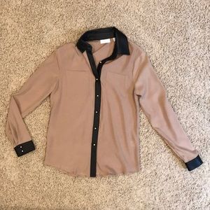 Tan Blouse with Black Leather Trim